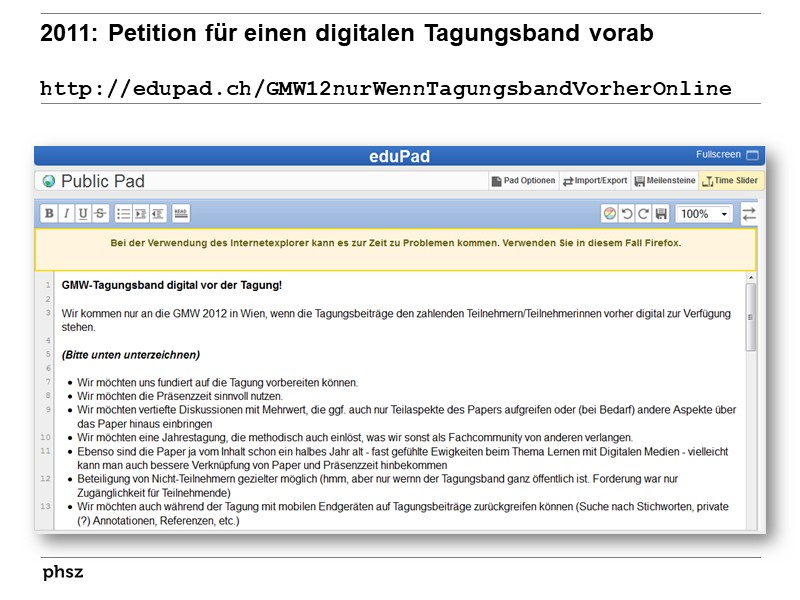 2011: Petition für eine digitalen Tagungsband vorab