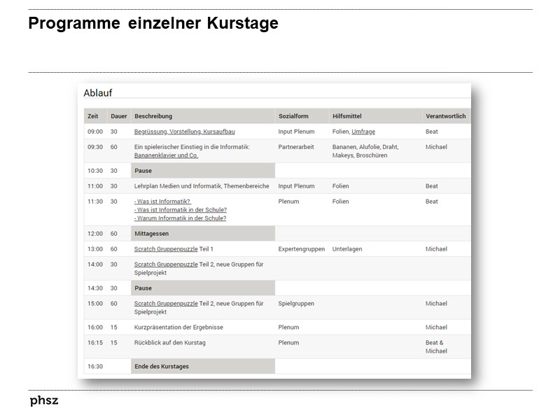 Programme einzelner Kurstage