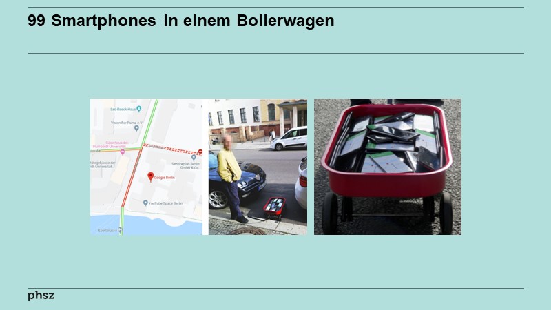 99 Smartphones in einem Bollerwagen