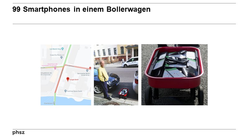 99 Smartphones in einem Bollerwagen